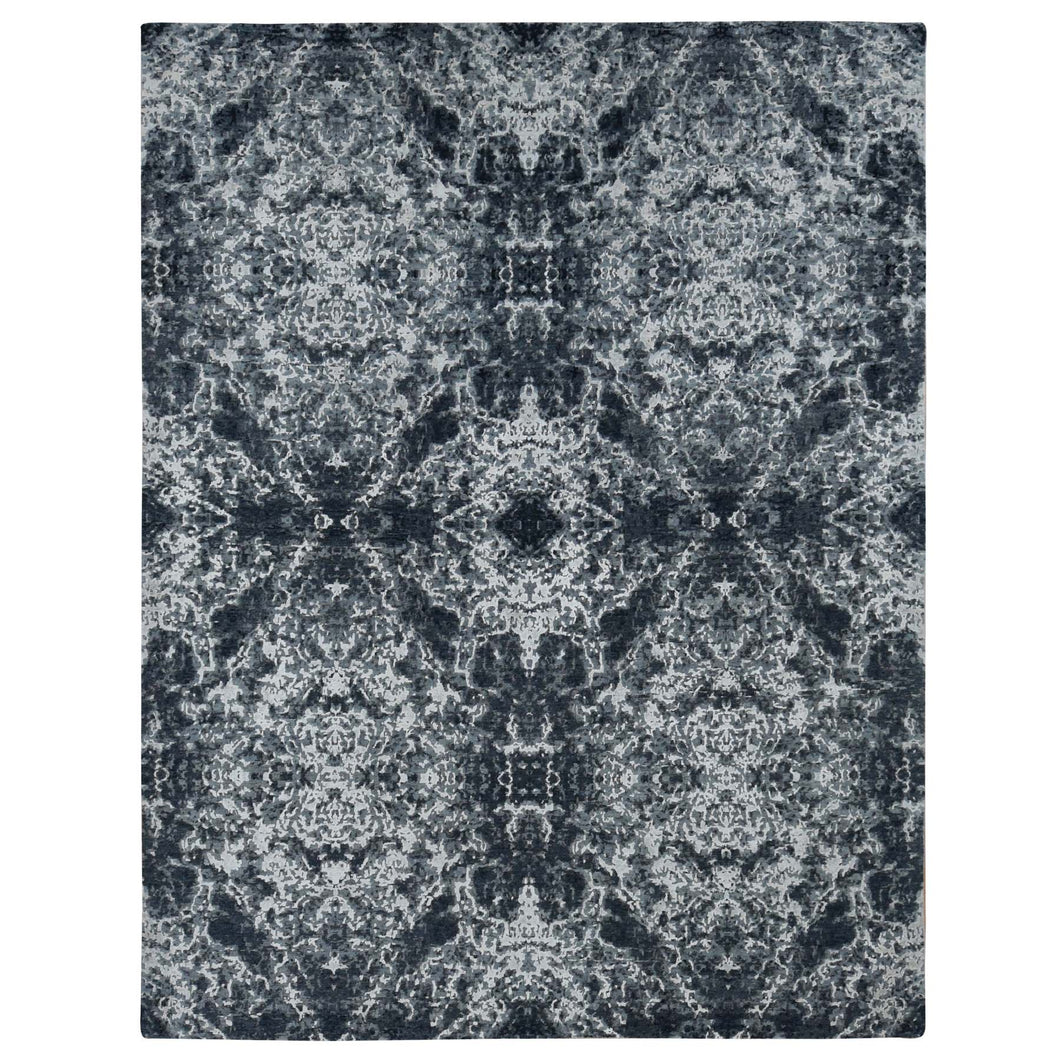 9'2''x12' Metal Black, Hand Knotted, Wool and Silk, Modern Abstract Tie Dye Design, Oriental Rug FWR522714