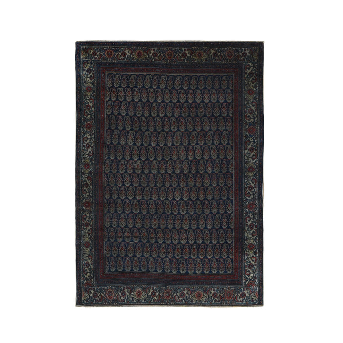 4'x6' Yankees Blue, Antique Persian Senneh, All Over Paisley Repetitive Design, Hand Knotted, Pure Wool, Super Dense Weave, Slight Wear, Cleaned with Sides and Ends Secured, Oriental Rug FWR524874