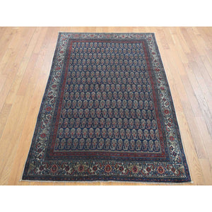 4'x6' Yankees Blue, Antique Persian Senneh, All Over Paisley Repetitive Design, Hand Knotted, Pure Wool, Super Dense Weave, Slight Wear, Cleaned with Sides and Ends Secured, Oriental Rug FWR524874