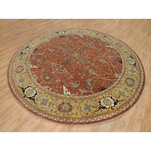 12'x12' Blush Red, Soft Pile, Natural Dyes, Antiqued Fine Heriz Re-Creation, Densely Woven, Extra Soft Wool, Hand Knotted, Round Oriental Rug FWR540498