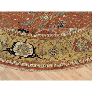 12'x12' Blush Red, Soft Pile, Natural Dyes, Antiqued Fine Heriz Re-Creation, Densely Woven, Extra Soft Wool, Hand Knotted, Round Oriental Rug FWR540498