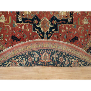 12'x12' Japanese Carmine Red, Soft and Lush, Dense Weave, Hand Knotted, Antiqued Fine Heriz Re-Creation, Vegetable Dyes, 100% Wool, Round Oriental Rug FWR540612